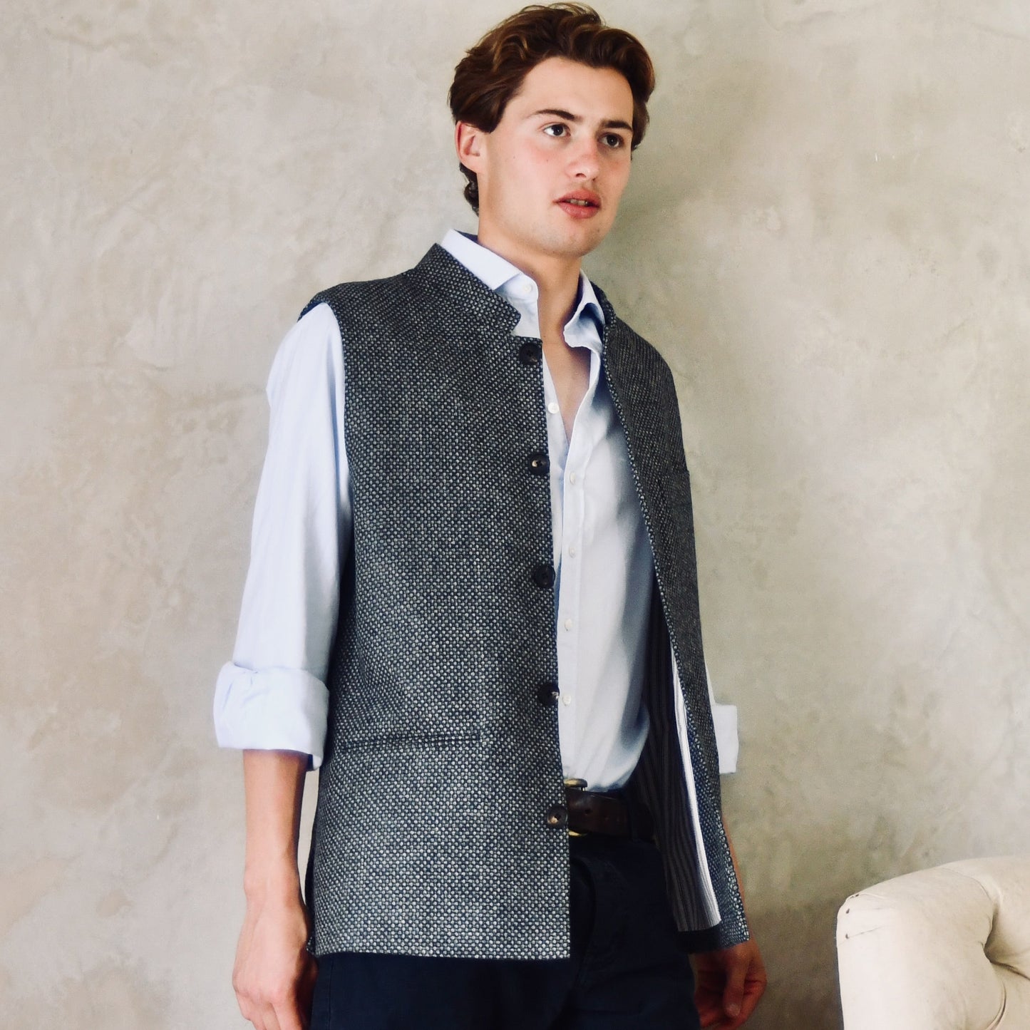 Classic Cut Waistcoat in Grey Blue Tiger Eye Tweed