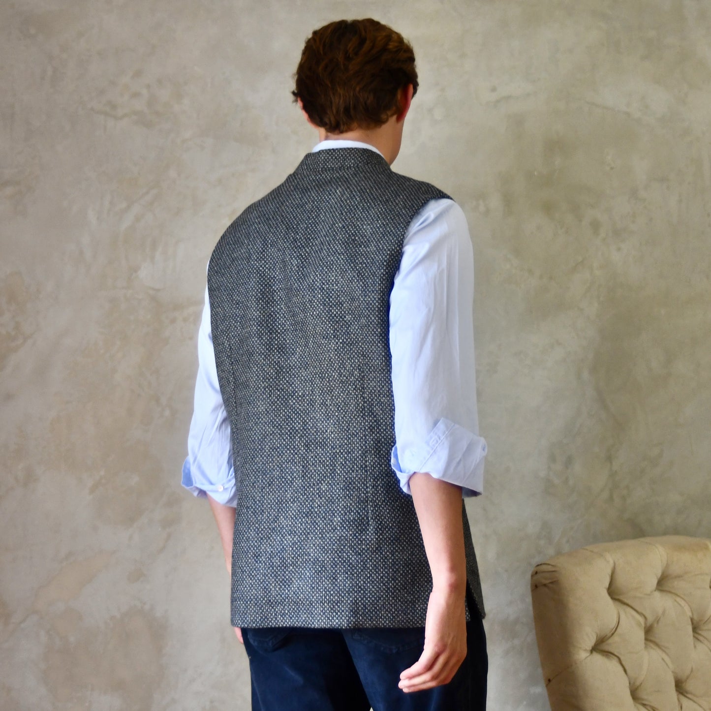 Classic Cut Waistcoat in Grey Blue Tiger Eye Tweed