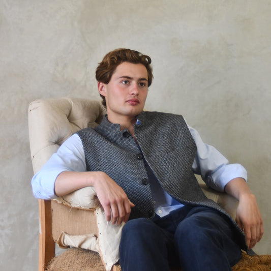 Classic Cut Waistcoat in Grey Blue Tiger Eye Tweed