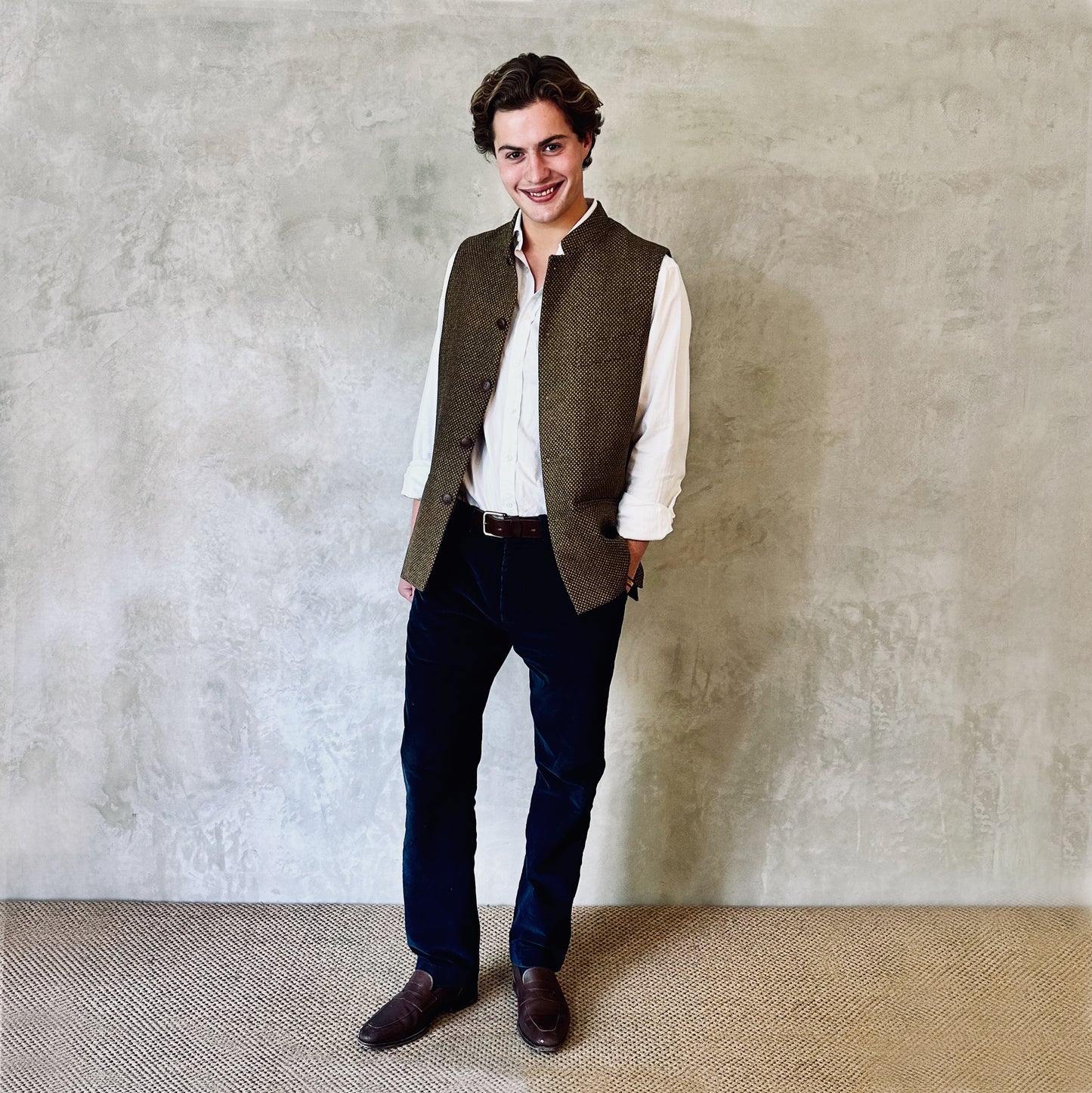 Tailored Cut Waistcoat in Orange Green Tiger Eye Tweed